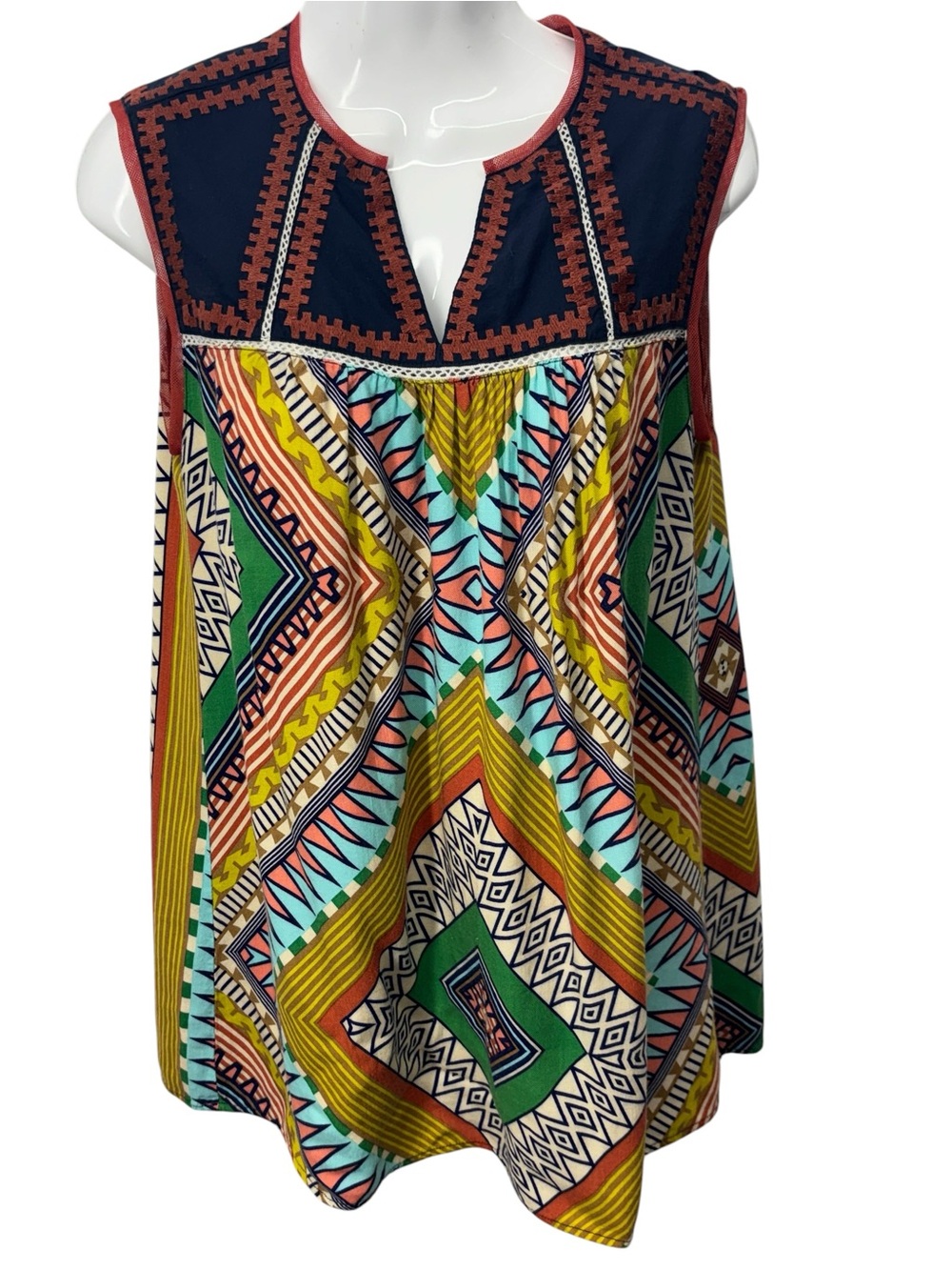 Ivy Jane Aztec Geometric Print Sleeveless Blouse XS Boho V-Neck Mesh Trim Top